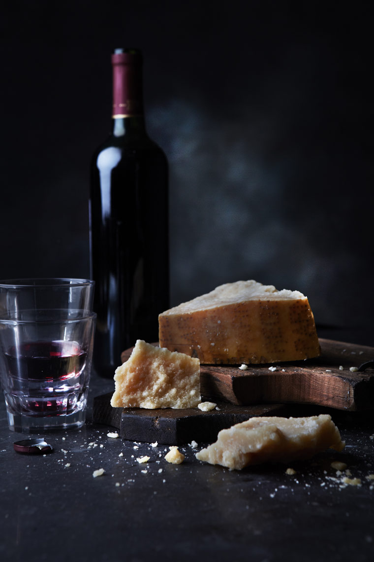 Red Wine and aged cheese, parmesan, Rose Hodges Food Photography