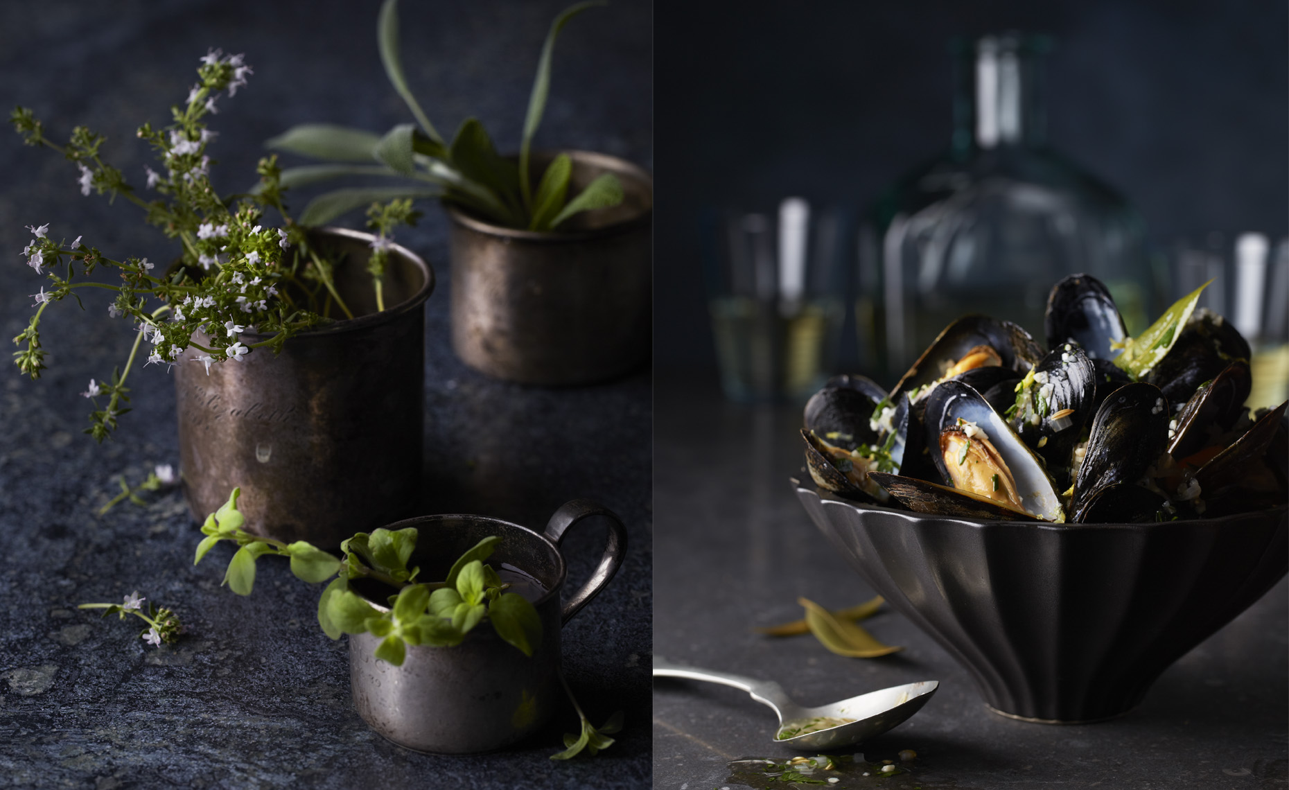 steamed mussels and herbs, Rose Hodges Food Photographer San Francisco