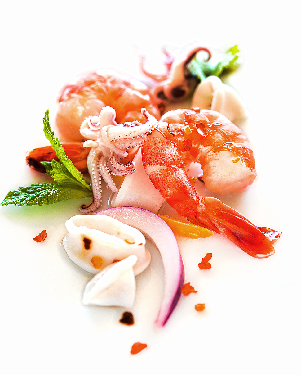 appetizer, fresh calamari, shrimp, ceviche, Rose Hodges Food Photography